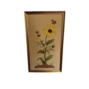 Vintage Mid Century Framed Finished Crewel Sunflower Butterfly Ladybug 27”X16”